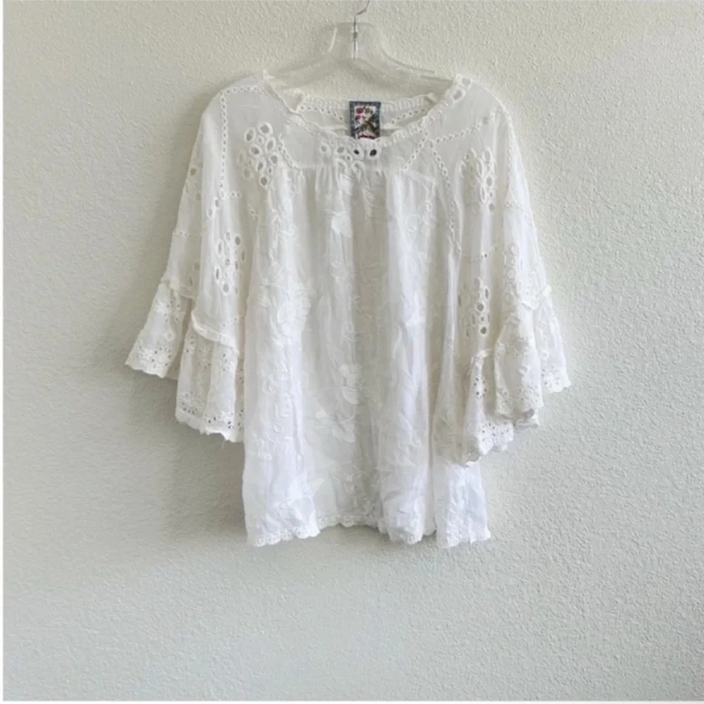Johnny Was Roman Ruffle Eyelet Blouse White Floral